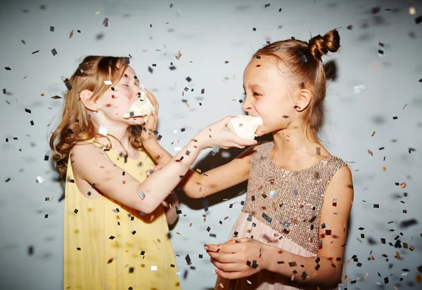 Girls playing with cake — Stock Photo, Image
