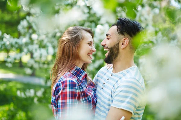 Casal feliz e árvores florescentes — Fotografia de Stock