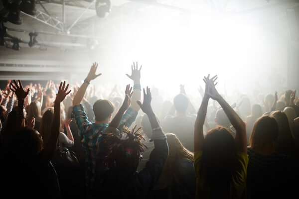 fans with raised hands 