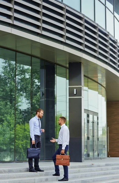 Dos hombres de negocios interactuando en la escalera — Foto de Stock