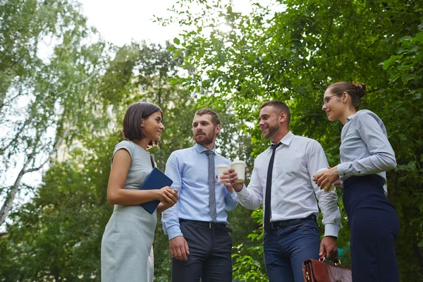 Felices colegas hablando en el descanso en el parque — Foto de Stock