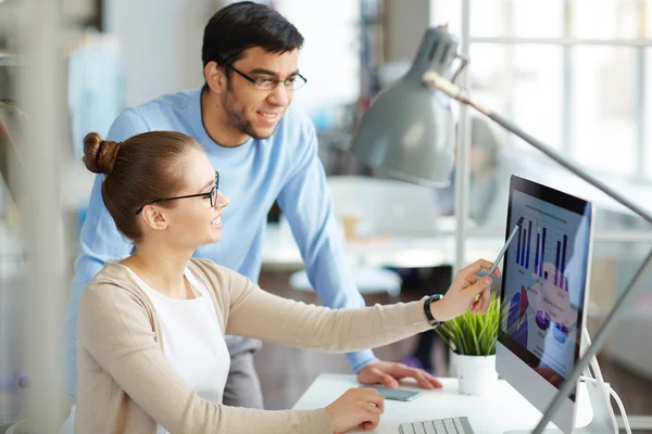 Business couple discussing graphics on computer — Stock Photo, Image