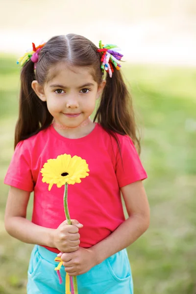 Ήρεμο κορίτσι εκμετάλλευση κίτρινο λουλούδι ζέρμπερα — Φωτογραφία Αρχείου