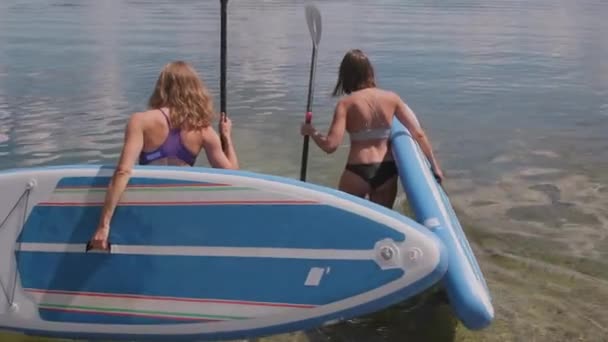 Tilting Shot Two Young Fitness Women Carrying Sup Surfing Equipment — Vídeos de Stock