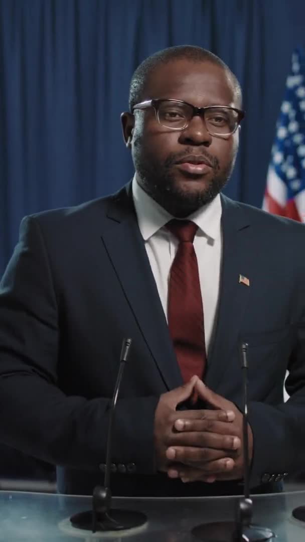 Vertical Medium Portrait Handsome African American Man Standing Lectern Taking — Stock Video