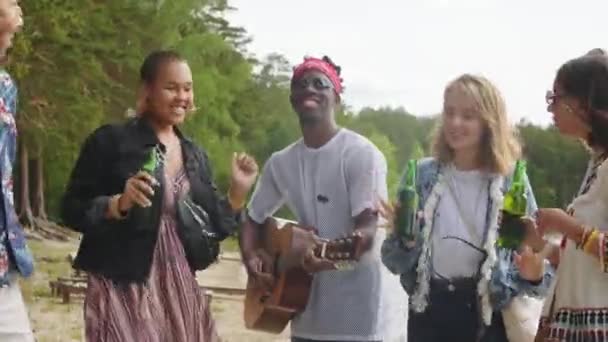 在湖畔欢快的多民族年轻人群体中 一边听着现场吉他音乐 一边唱着歌 一边跳着舞 — 图库视频影像