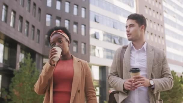 Tracking Low Angle Shot Beautiful African American Businesswoman Handsome Mixed — Wideo stockowe