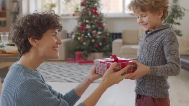 Slowmo tilt up of happy young woman with short curly hair giving Christmas present to excited little boy on Christmas morning — Stock Footage Slowmo Tilt Happy Young Woman Short Curly Hair Giving Christmas Stock Footage