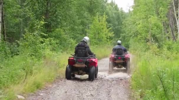 Tracking Shot Personas Equipo Conducción Motos Cuádruples Rojas Largo Estrecha — Vídeos de Stock