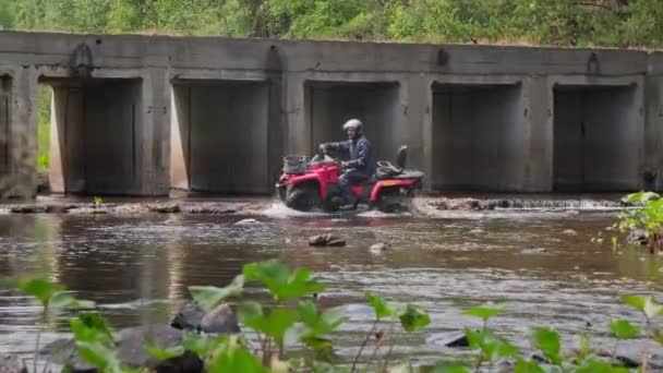 Kasklı Sakallı Bir Adamın Ormanda Sığ Bir Nehirde Dört Tekerli — Stok video