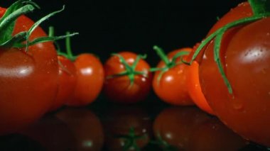 Olgun ev yapımı kırmızı domateslerin doldurulmuş makro görüntüsü. Su damlalarından ıslanmış. Karanlık yüzeyden yeni toplanmış.