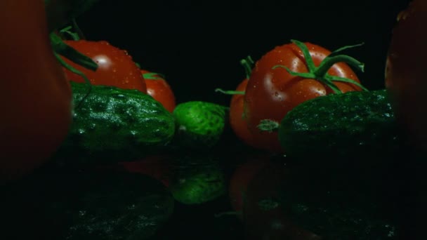 収穫したばかりのトマトと熟したキュウリのズームインマクロショット黒の背景に水滴 — ストック動画