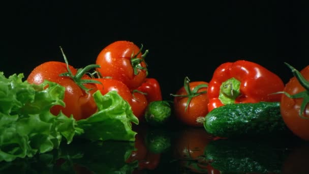 Panning Makro Materiał Dojrzałych Zdrowych Warzyw Tym Pomidory Ogórki Czerwona — Wideo stockowe
