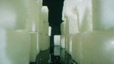 Tamamen siyah arkaplanda duran küp şeker kulelerinin makro görüntülerini dağıtmak