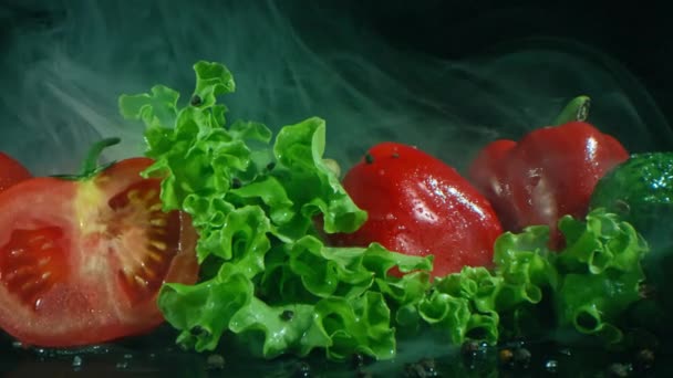 Dollying Slow Macro Shot Steam Rising Fresh Just Washed Vegetables — Stock video