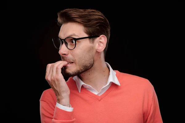 Portrait Serious Confident Young Man Eyeglasses Throwing Punch While Protecting — Stock Photo, Image