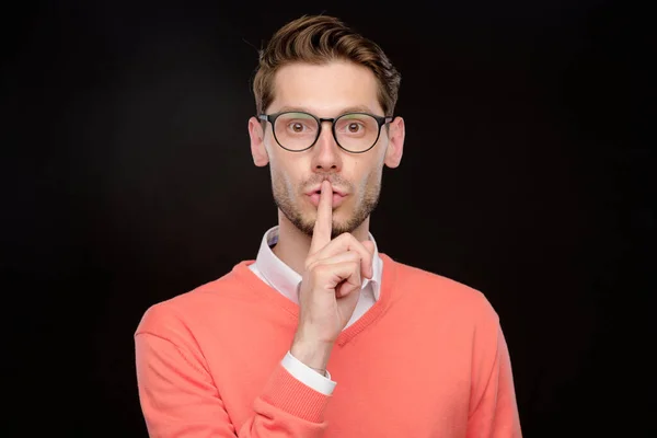 Portrait Young Man Eyeglasses Covering Mouth Hands While Making Speaking — Stock Photo, Image