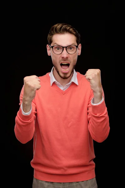 Portrait Emotional Young Bearded Man Holding Hand Fist While Showing — Stock Photo, Image