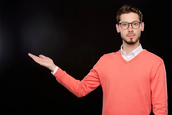 Ernst Strenger Junger Bärtiger Mann Mit Brille Gestikuliert Mit Den — Stockfoto