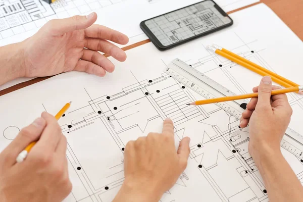 Hand Young Engineer Pencil Pointing Detail Sketch New Building While — Stock Photo, Image