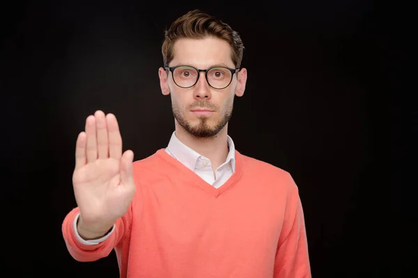 Portrait Serious Young Bearded Man Eyeglasses Making Rejection Gesture Black — Stock Photo, Image