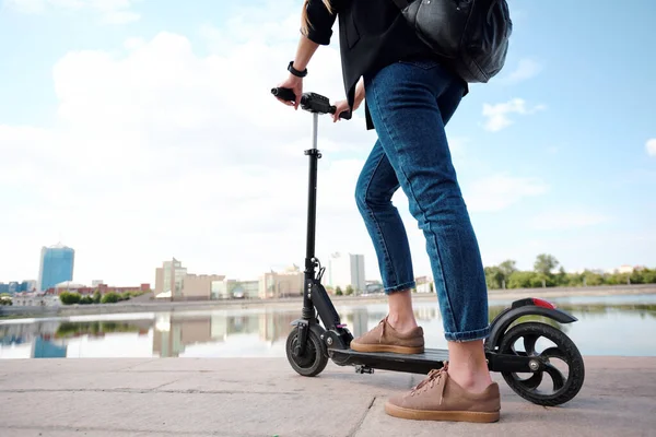 Contemporary Young Female Smart Casualwear Standing Electric Scooter Road Urban — Stock Photo, Image