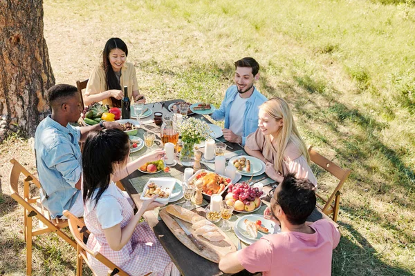 Group of young happy intercultural friends gathered by table served with homemade food for outdoor dinner under pine tree on sunny day