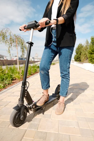 Elegant Young Woman Smart Casualwear Standing Electric Scooter Road Urban — Stock Photo, Image