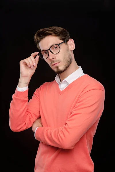 Focused Young Man Cloth Mask Cleaning Eyeglasses Disinfectant Coronavirus Prevention — Stock Photo, Image