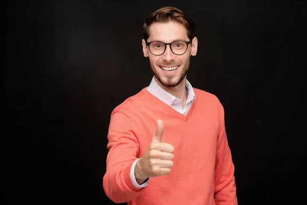 Portrait Positive Excited Young Bearded Man Glasses Making Yes Gesture — Stock Photo, Image