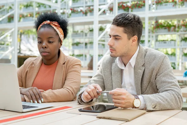 Deux Jeunes Collègues Interculturels Sérieux Tenue Décontractée Intelligente Regardant Affichage — Photo