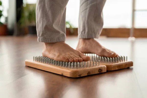 Legs Young Barefoot Man Sportspants Standing Yoga Therapy Pads Metallic — Stock Photo, Image