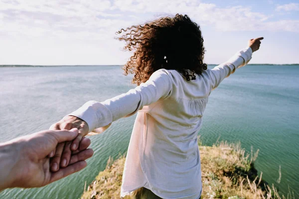 Rear View Curly Haired Girl Holding Hand Boyfriend Showing Wonderful — Stock Photo, Image