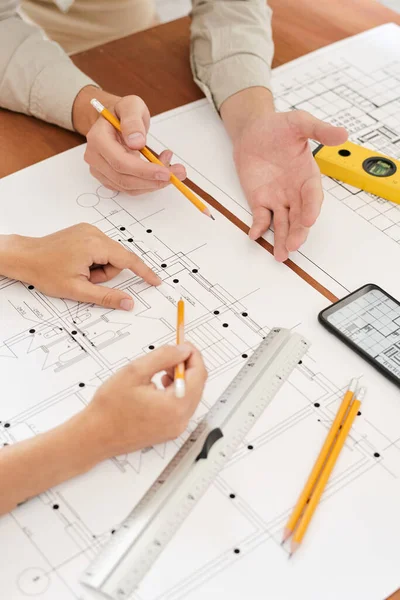 Hands Two Young Contemporary Engineers Pencils Sketches New Architecture Discussion — Stock Photo, Image