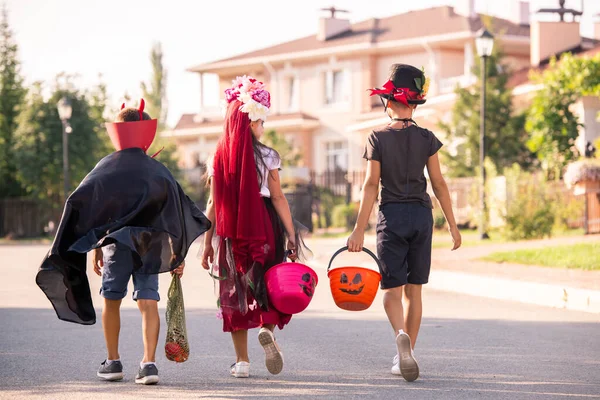 Back View Three Halloween Kids Costumes Carrying Baskets Treats While — Stock Photo, Image