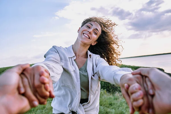 Portrait Happy Ecstatic Girl Curly Hair Holding Hands Boyfriend While — Stock Photo, Image