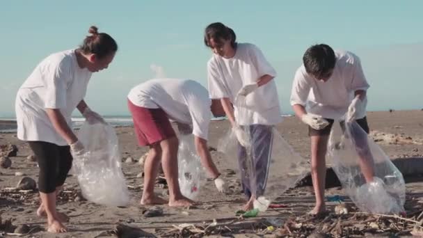 在夏天 许多身穿手套 提着垃圾袋 捡垃圾 一起清理混乱的海滩的环保人士兴高采烈地参加了这项活动 — 图库视频影像