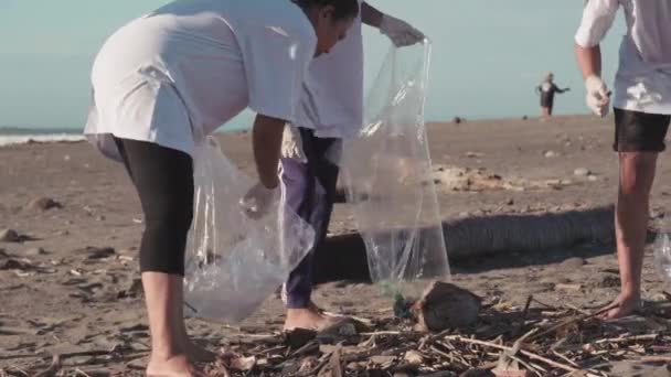 年轻的印度籍环保人士弯腰清理被污染的脏乱的海滩 从垃圾到垃圾袋 在日光下乐于帮助地球 — 图库视频影像
