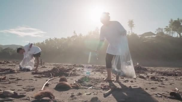 Dollying Pełny Strzał Grupy Radosnych Energicznych Mieszkańców Sprzątanie Zanieczyszczonej Plaży — Wideo stockowe