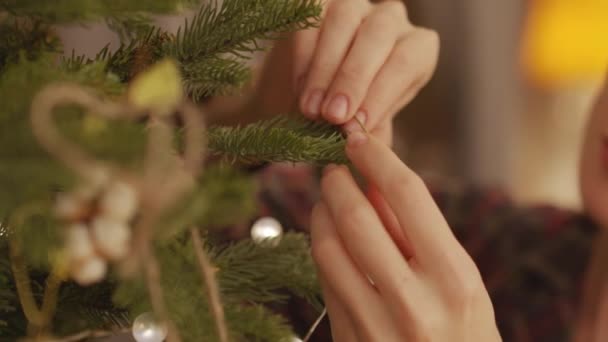 居心地の良い部屋でクリスマスツリー上の木製のハートの装飾をぶら下げ白人女性の閉鎖 — ストック動画