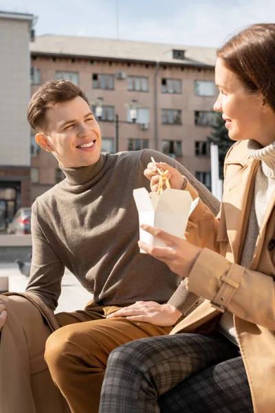 Hungry Young Stylish Woman Eating Chinese Wok Box While Looking — Stock Photo, Image