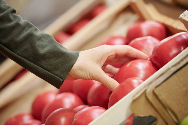 Nahaufnahme Einer Unkenntlichen Frau Die Reife Tomaten Über Dem Ladentisch — Stockfoto
