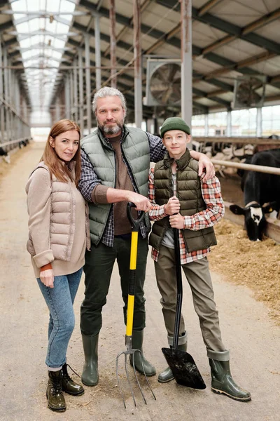 Portrait Smiling Family Teenage Son Working Together Livestock Farm Father — Stock Photo, Image