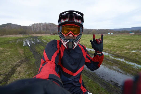 Motorcross Rider Posing Selfie While Moving Front Camera — Stock Photo, Image
