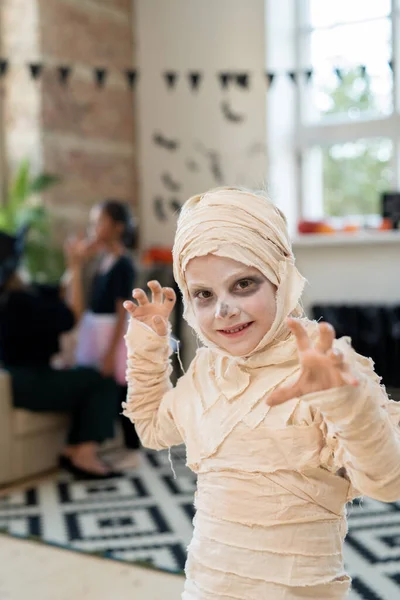 Portrait Charismatic Mummy Boy Bandages Making Boo Gesture While Having — Stock Photo, Image