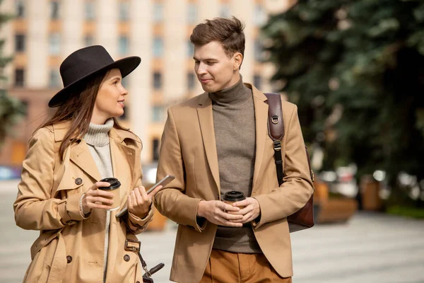 Happy Dates Beige Casualwear Talking While Having Coffee Move Urban — Stock Photo, Image