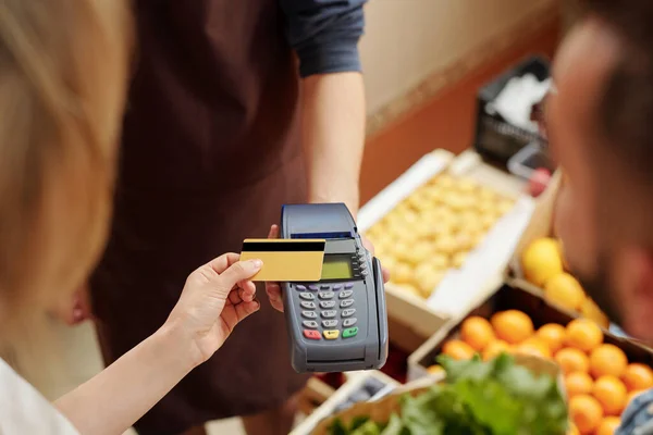 Close Unrecognizable Woman Putting Smartphone Terminal While Paying Products Online — Stock Photo, Image