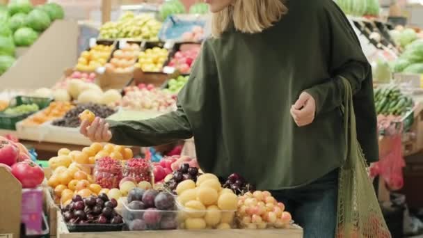 市場に立つ果物や野菜のそばに立ち 新鮮な食材を選ぶネットバッグを持つ若い女性のミッドセクションショットを追跡 — ストック動画