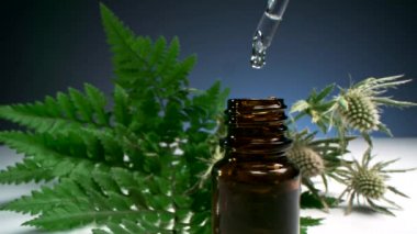 Makro, pipetten kahverengi cam şişeye ve arka planda yeşil otlara dökülen gerekli yağın damlasını kapat.