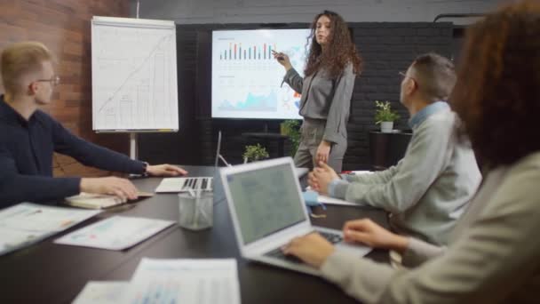 Medium Shot Office Colleagues Sitting Table Listening Young Female Caucasian — Stock Video